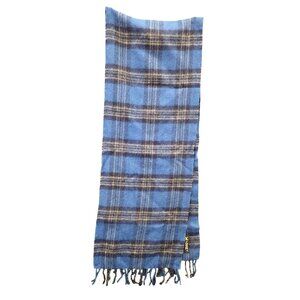 100% Baby Alpaca Wool Scarf Blue Plaid Design Fringed Edges